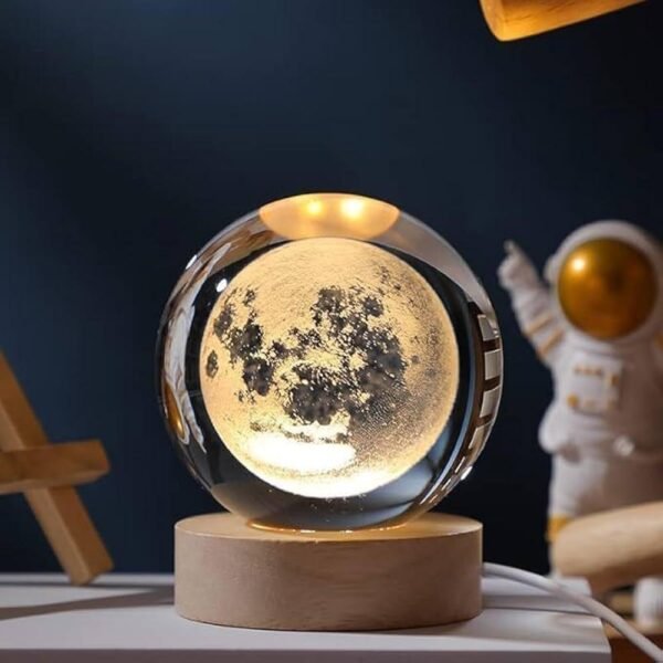 Moon Crystal Ball Night Light – 2.4 Inch Glass Ball LED Lamp with Wooden Base