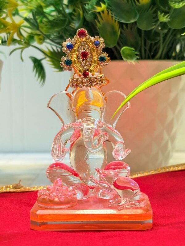 Orange & Transparent Double Sided Crystal Car Ganesha Decorative Showpiece (Size- 4cm)